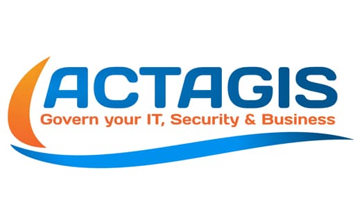 The image is the logo of ACTAGIS, with the name ACTAGIS in large blue letters. Below it is the tagline "Govern your IT, Security & Business" in orange text. A curved orange line on the left and a curved blue line on the bottom frame the logo, representing a stylized design.